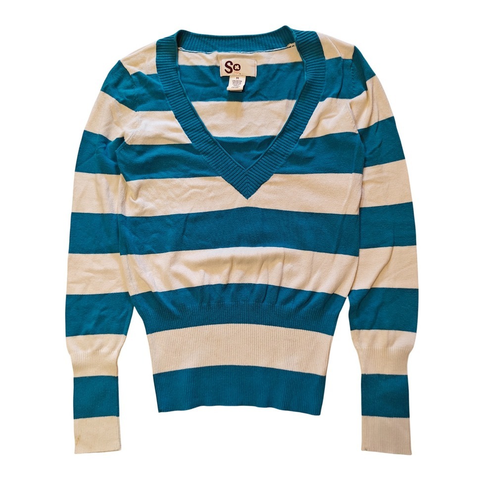 SO Striped V-Neck Sweater Womens Medium Teal White Long Sleeve Knit Pullover
